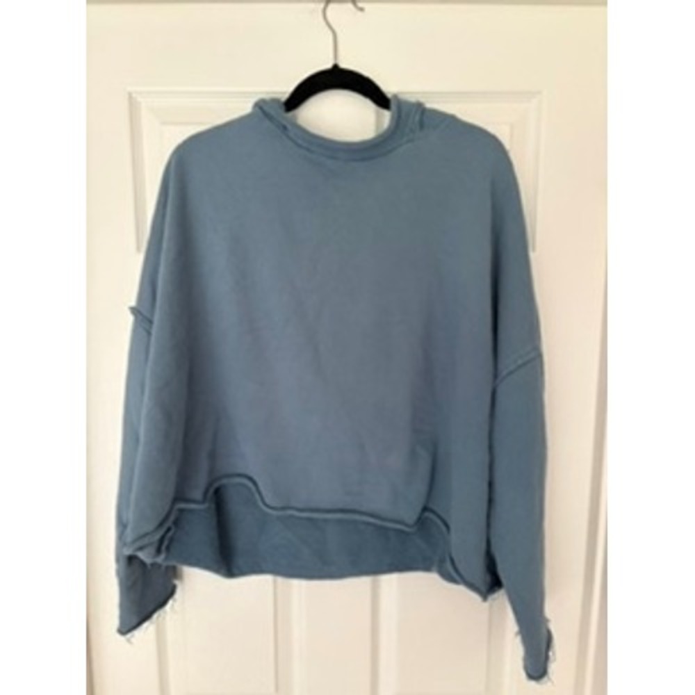 Natural Life Womens Cropped Hoodie Blue Raw Hem Oversized Sweatshirt L/XL